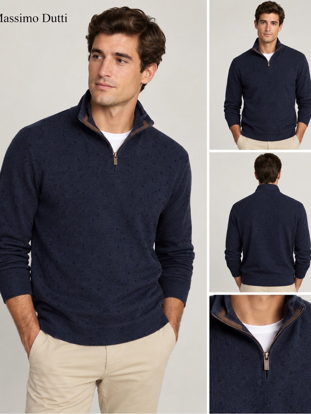 Massimo Dutti Men’s M Navy Half-Zip Textured Sweater Pullover
